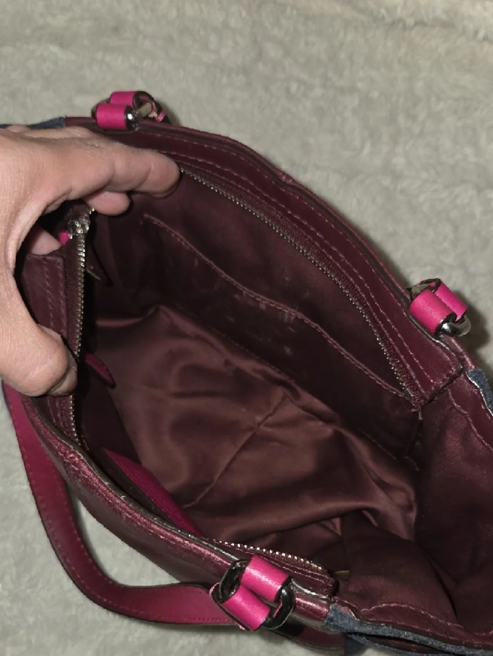 Coach Color Block Tote with Fuchsia Burgundy Quilted Front and Navy Accents - Picture 12 of 14